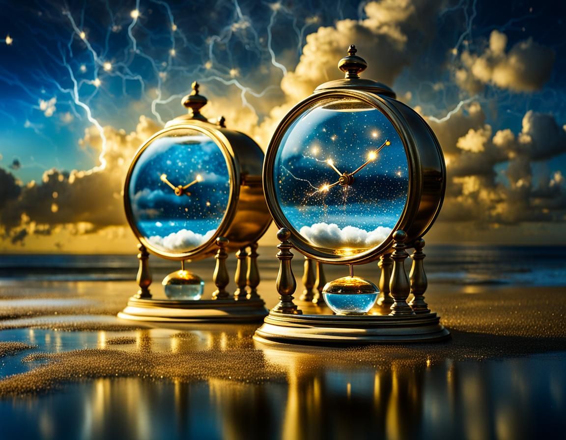 Earth. Background blue sky. Golden clocks and clock gears over a blue crystal field.  Rainbow. Alice in Wonderland like ...