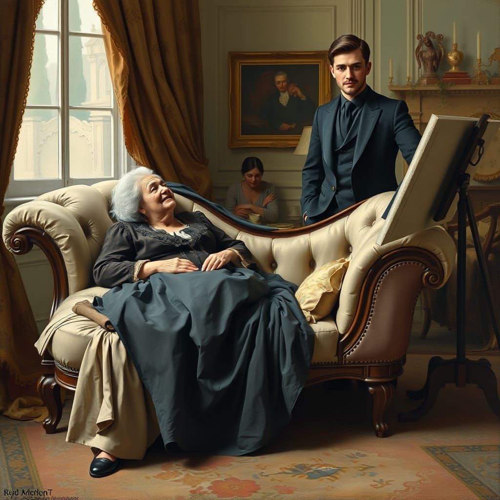 Old lady browses the funeral director's full-color catalogue. She's got her heart set on their exclusive purple velvet casket...