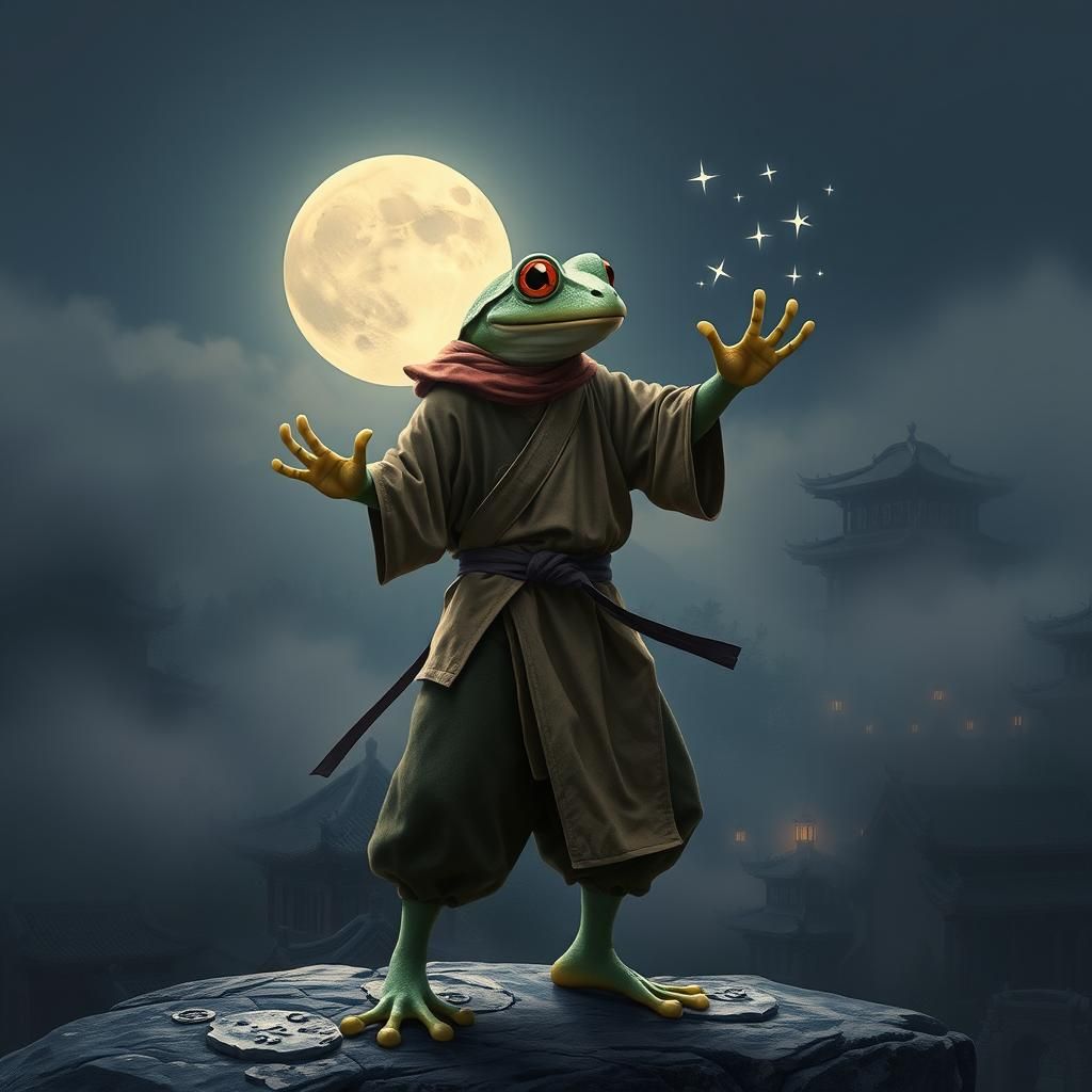 frog the ninja doing Kung Fu, while catching the stars