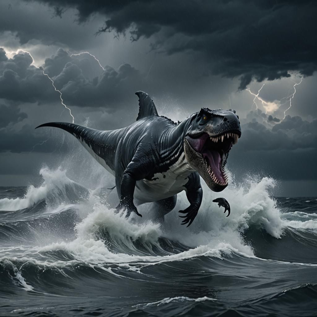 The creature with T-rex body and the head of orca fit with it body, swimming in the sea, during the thunderstorm