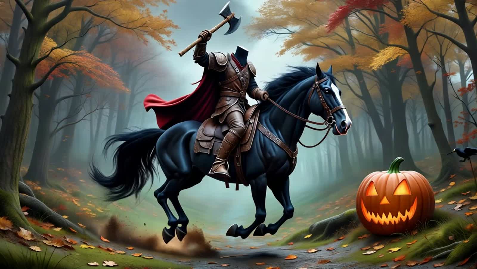 A highly detailed digital fantasy illustration of the Headless Horseman charging through a haunted autumn forest at midn...