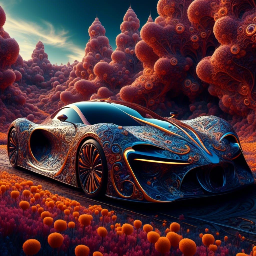<lora:Fractalicious:1.0> A 3D hyperrealistic hyperdetailed futuristic car made from intricated Fractal patterns, Vibrant Fractal Palette,  e...