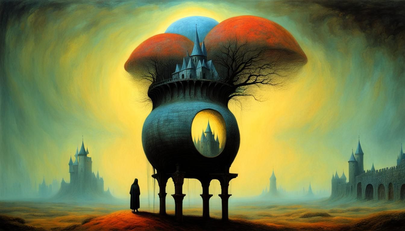 liminal space, medieval castle, Zdzisław Beksiński, surreali...