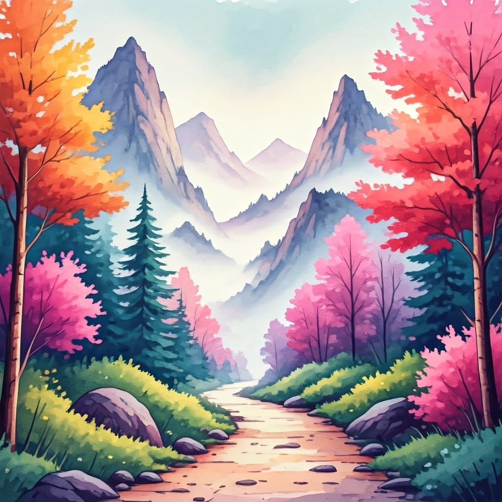 Watercolor Path Through Misty Mountain Landscape