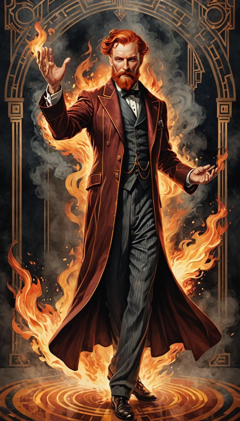 Full body portrait in art deco style. A middle-aged magician. He has red hair and beard with grey streaks ...  by @Phanthasium