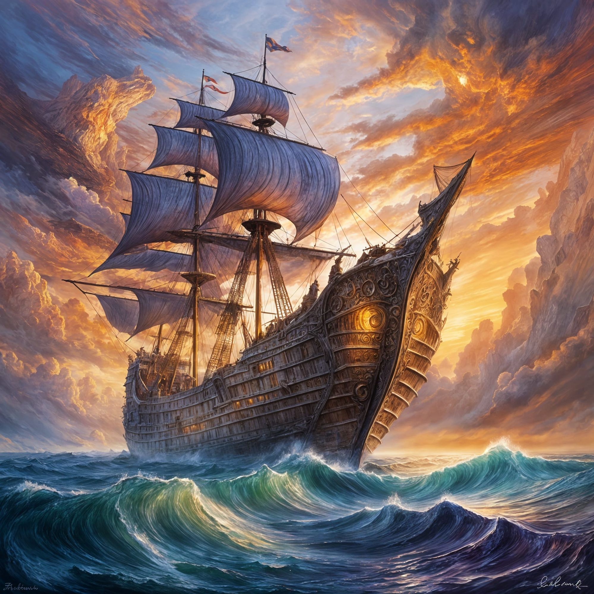 A highly detailed fantasy painting of a grand legendary seascape at dawn.
Dramatic, sweeping, and cinematic.
A colossal ancient ship, built ...