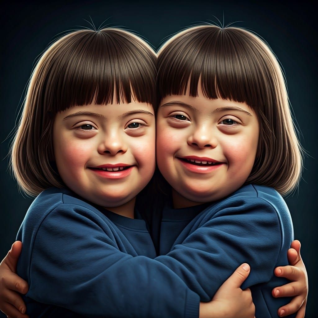 Haredi Twin Children with Down Syndrome Embracing in Joyful....