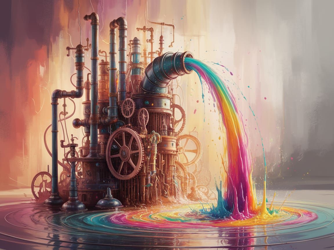 For the "Fountains" challenge: A surreal scene where the fountain spills liquid light and colored paint. ...  by @Pinto