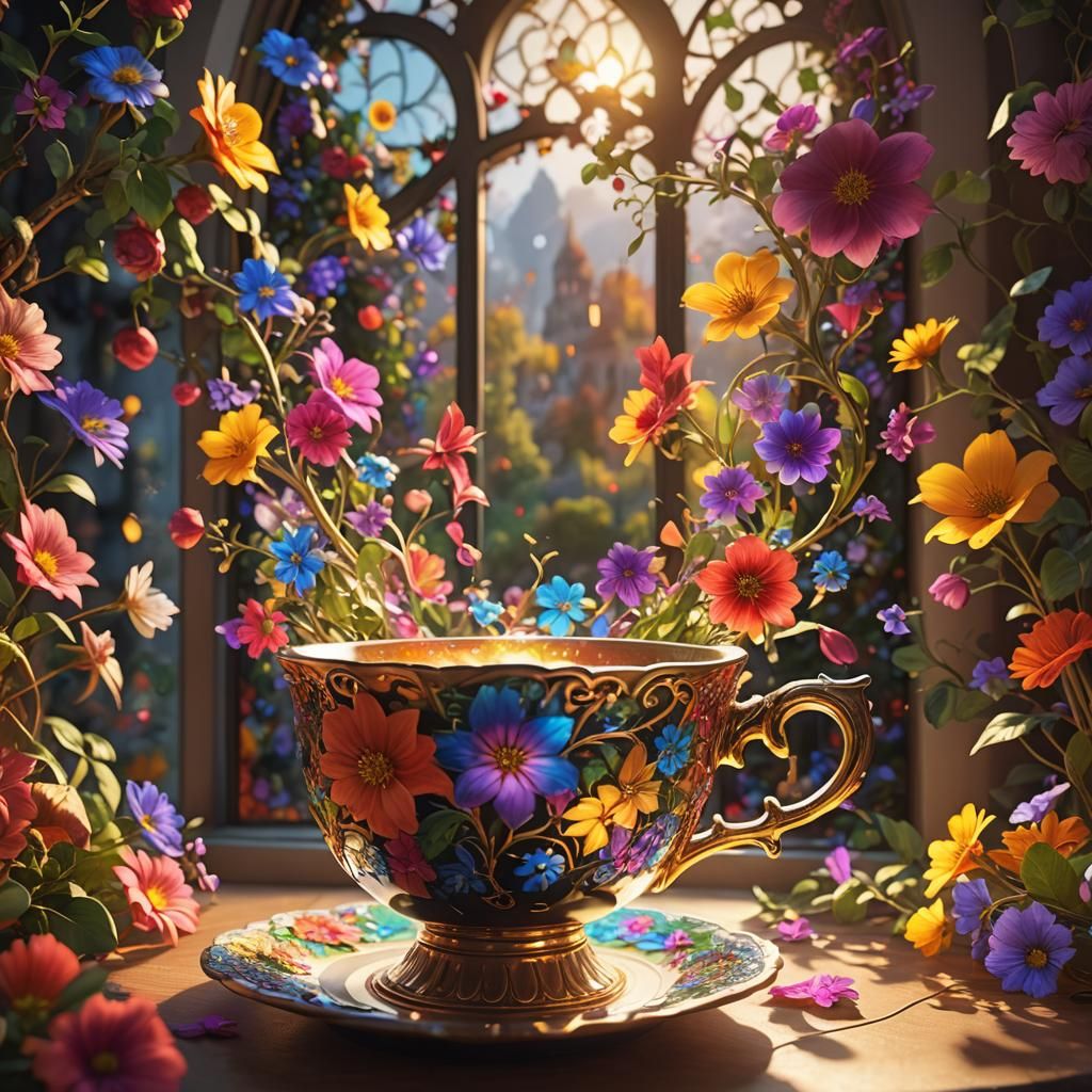 Mystical Cup Overflowing with Glowing Flowers
