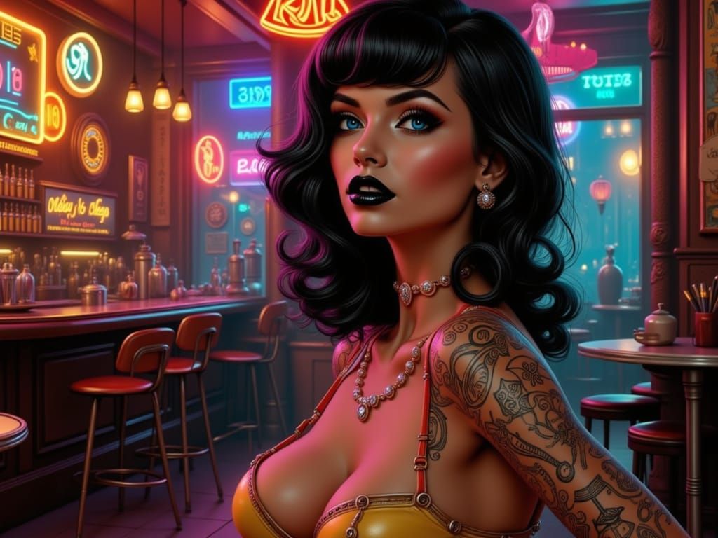 Cybernetic Woman in Bar, Splash Art Style