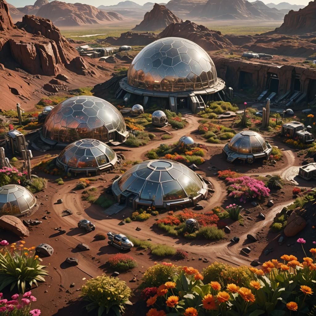 A biodome standing in the middle of planet Mars with the Mars moon and the sun on the horizon. Inside the biodome a luxu...
