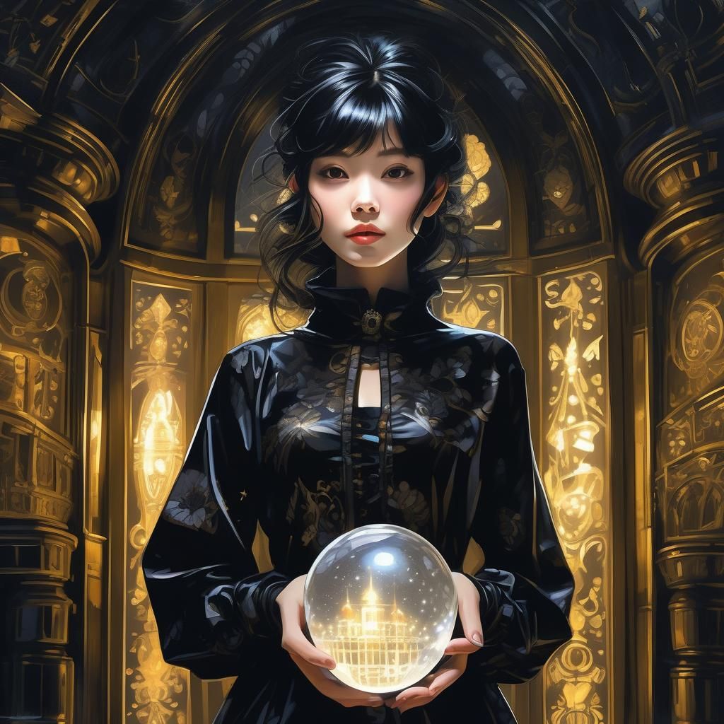 Anime tive lady in black portrait art print (magnifying glass and