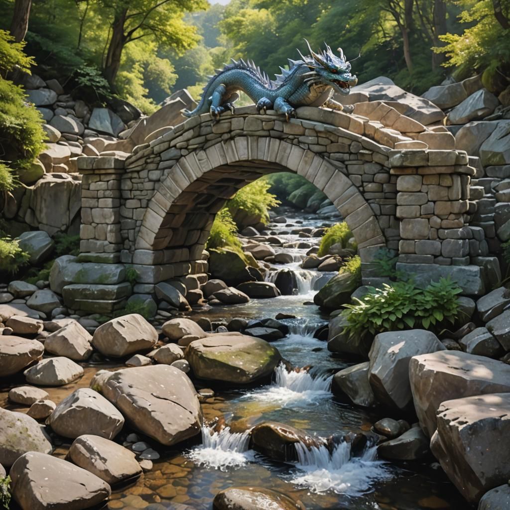 A Dragon on a stone bridge arching over a babbling brook, wi...