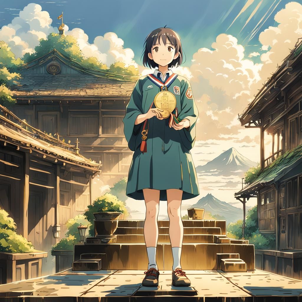 girl on the top of a podium holding a golden medal above her