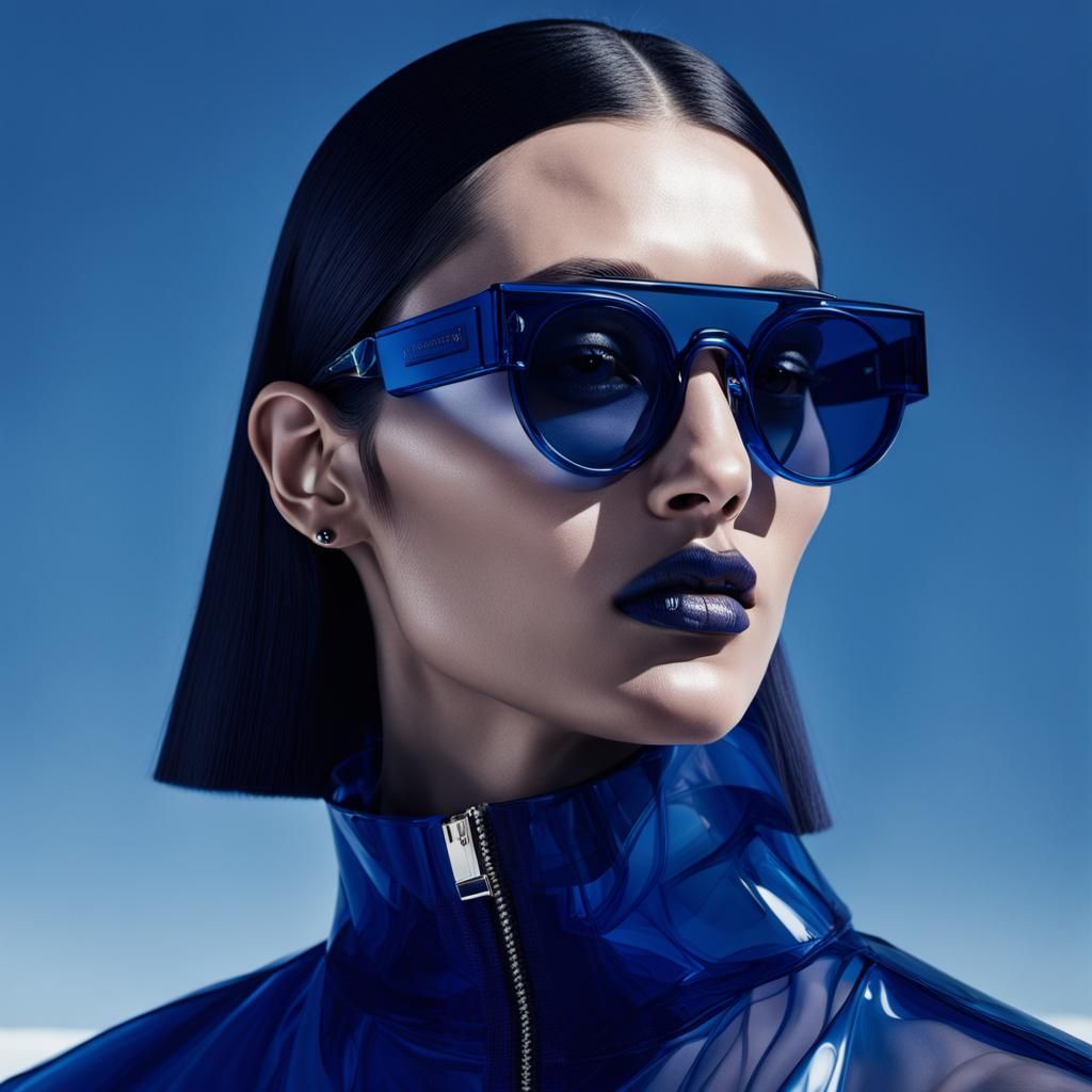 Fashion shoot woman with dark blue translucent futuristic sunglasses Fashion shoot woman with dark blue translucent futuristic sunglasses