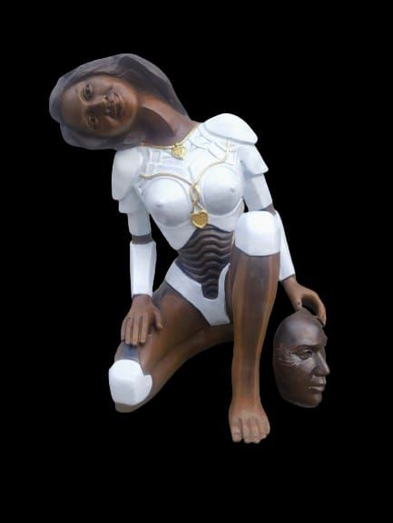 Bronze smiling female cyborg statue