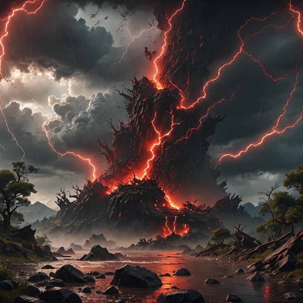Stormy sun with red rain