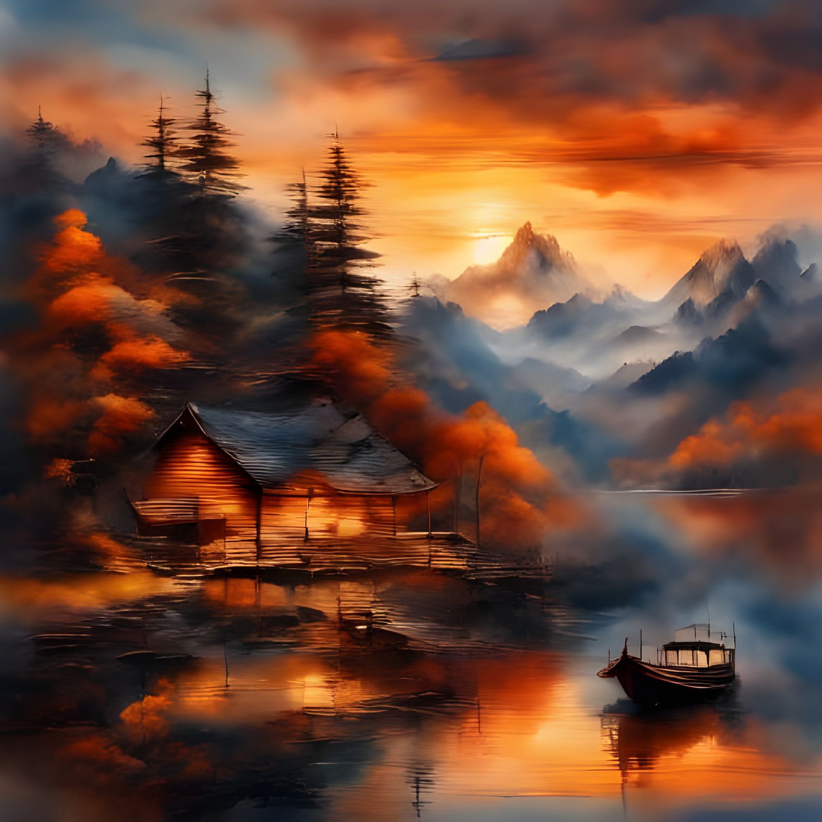 Cozy Lakeside Cabin at Sunset - Realistic Landscape