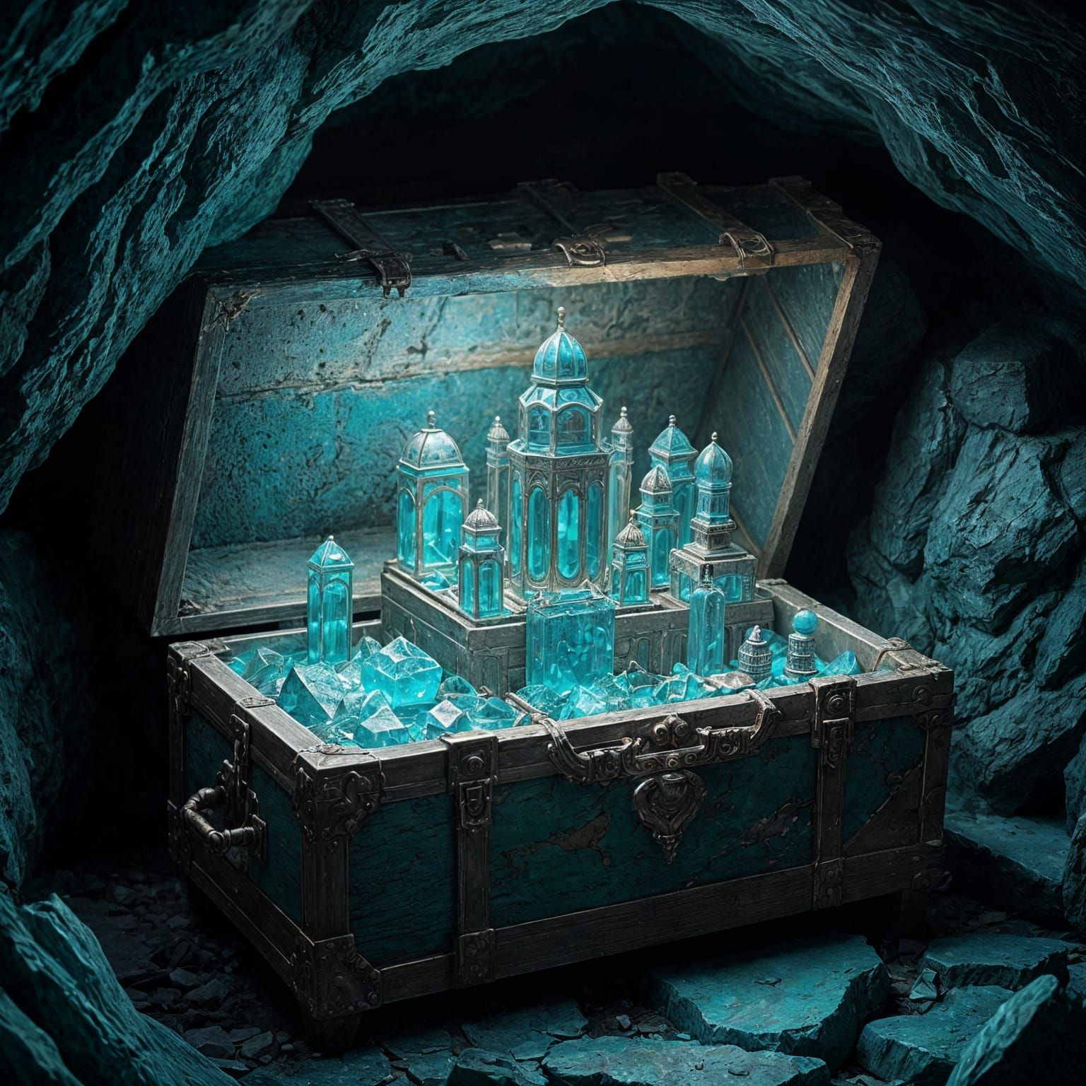 inside an old battered chest is an ultra detailed city made of clear turquoise gemstone. the chest sits ...  by @Zacharo