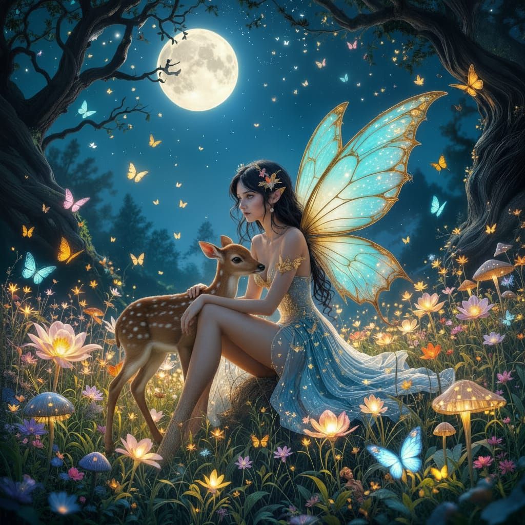 Beautiful  fairy has a see through body like glass. The fairy has gold trimmed blur wings. Her hair is black we with as shocks of red. 
The ...