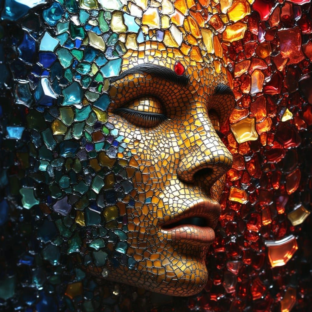 <lora:Stained Glass:1.0> Apocalyptic memory in the form of shattered stained glass, contrasted with cosmic rebirth expressed as flowing mer...