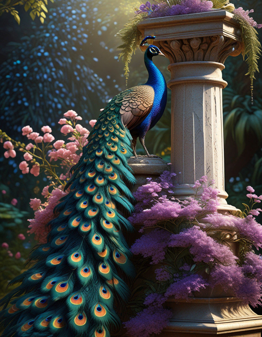 Neo-Impressionist Peacock in Lush Garden at Night