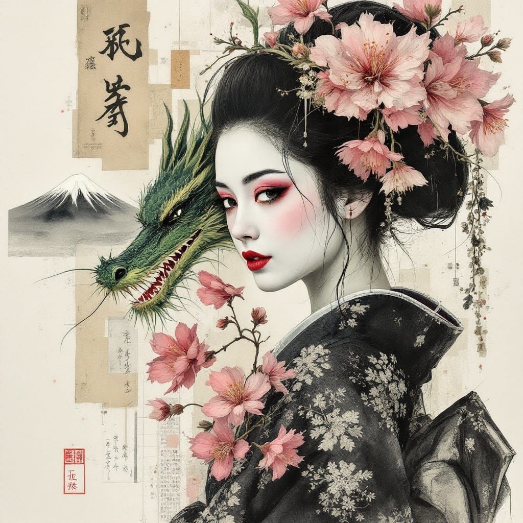 "Geisha and green dragon." Collage. Beautiful charcoal and ink Portrait. Mixed media. Newspaper clippings, ...  by @Eclectic shambles