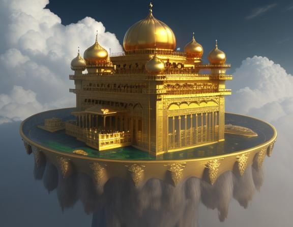 Golden palace in the clouds held upon the palm of a gigantic...