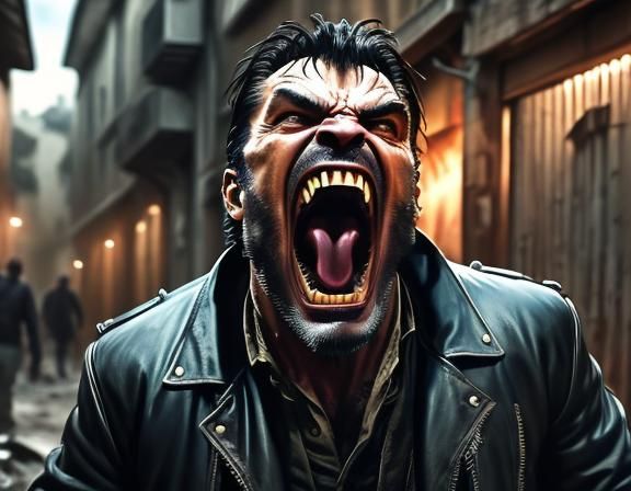 <lora:VampireFangs SD:0.8>close up portrait of a rugged angry modern-day vampire with (long_fangs:1.3)  in a back Alley (Perfectly shaped fa...