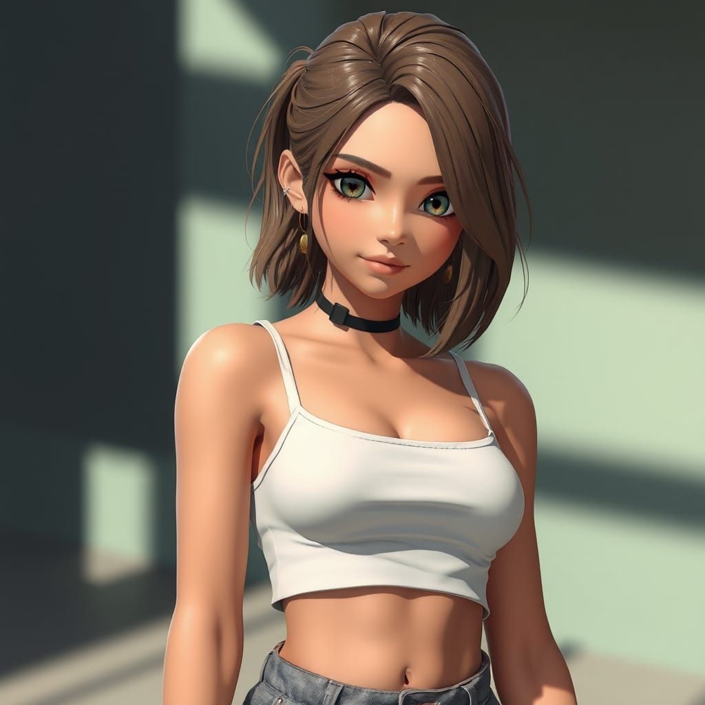 Anime Girl in Crop Top, 3D Render