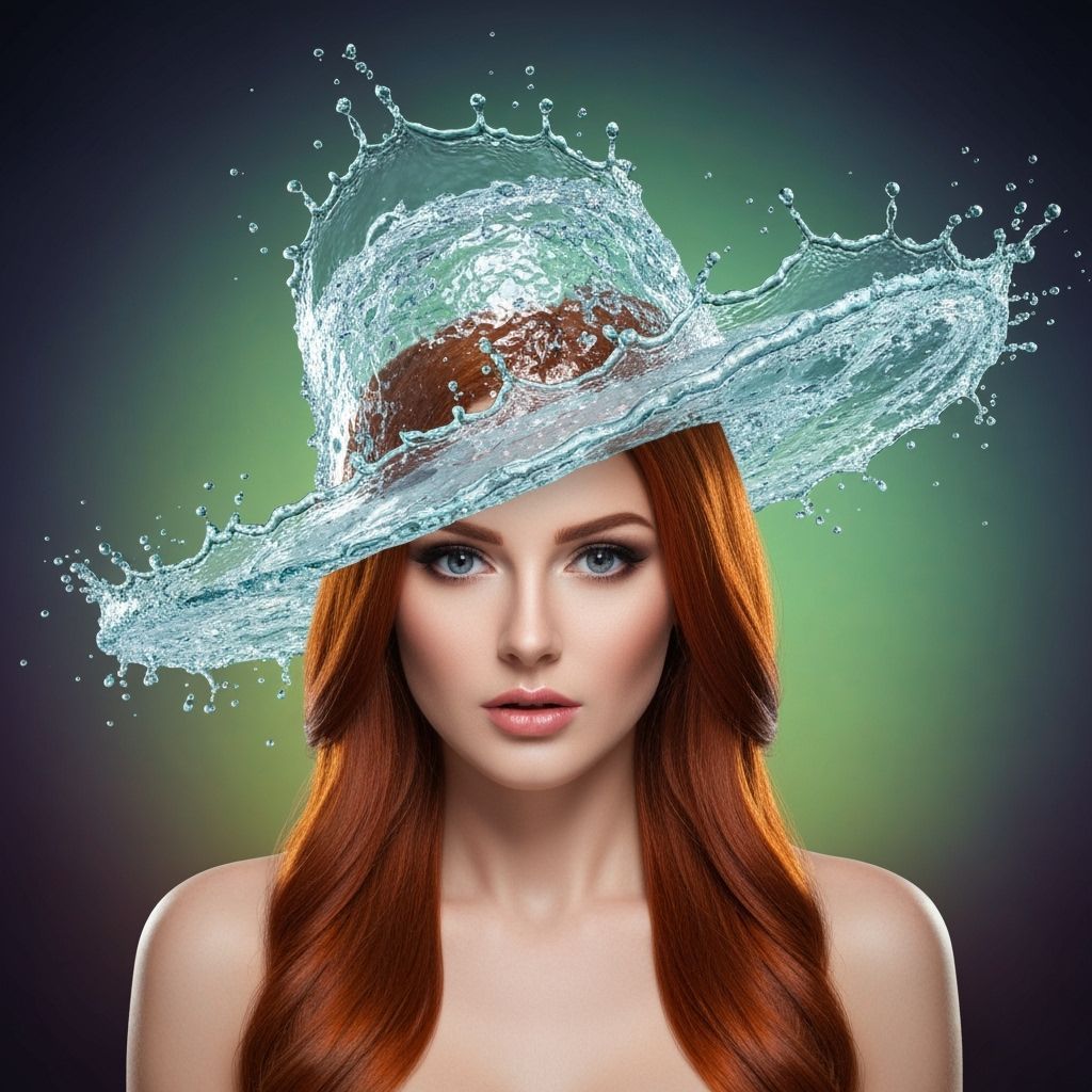 A beautiful red-haired model is wearing a hat made entirely of water, swirling and splashing on her head ...  by @SouthernPeach