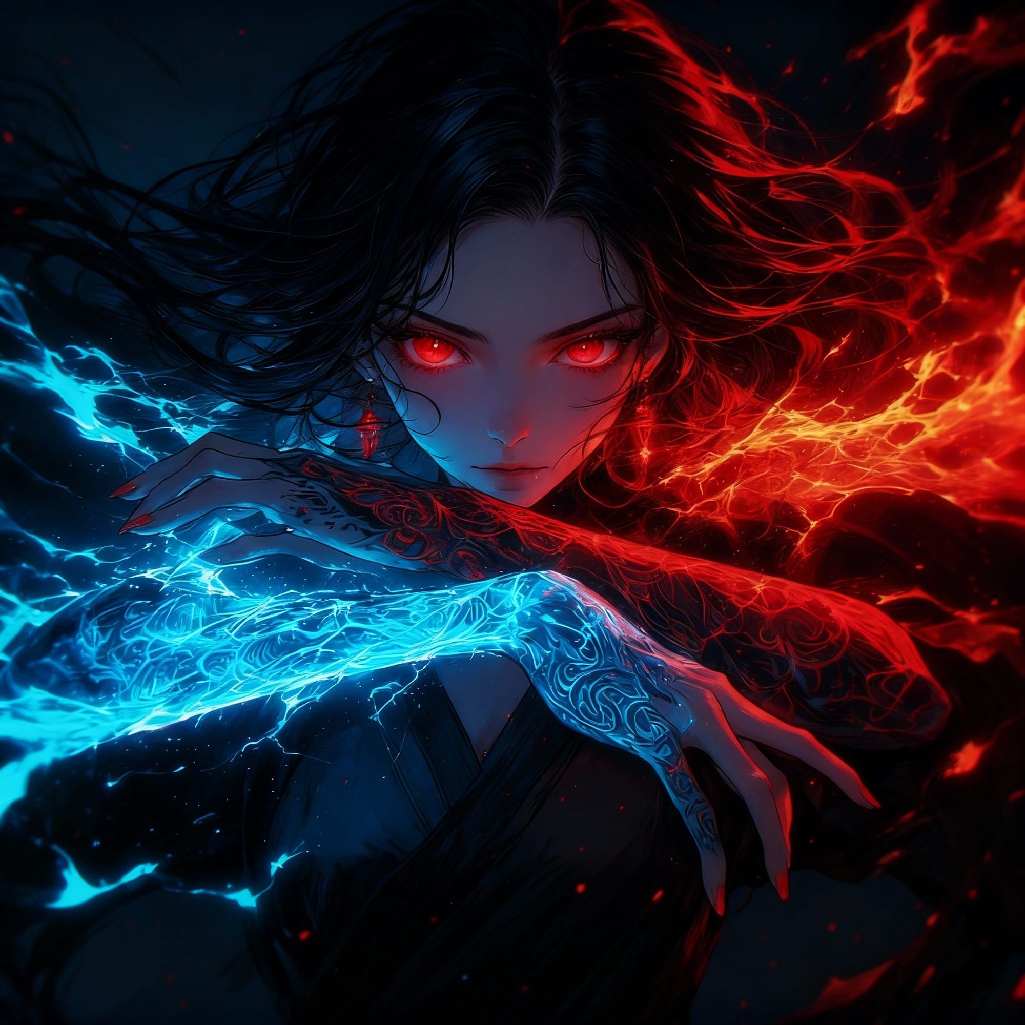 Anime illustration, female character in a dark, shadowy setting, fiery red glowing tattoos on one arm and electric neon blue glowing intrica...