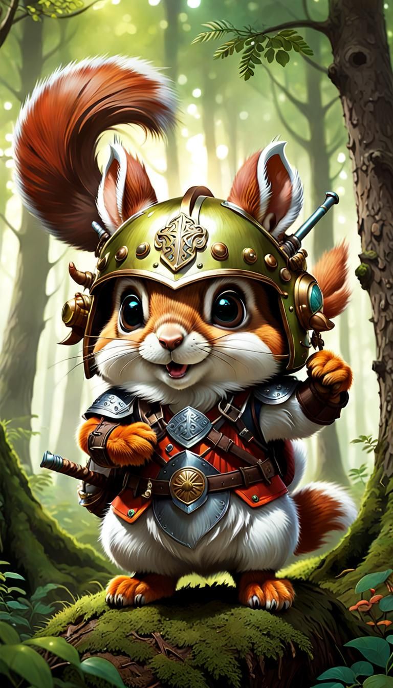 In a forest, an adorable tiny squirrel is  wearing an over-s...