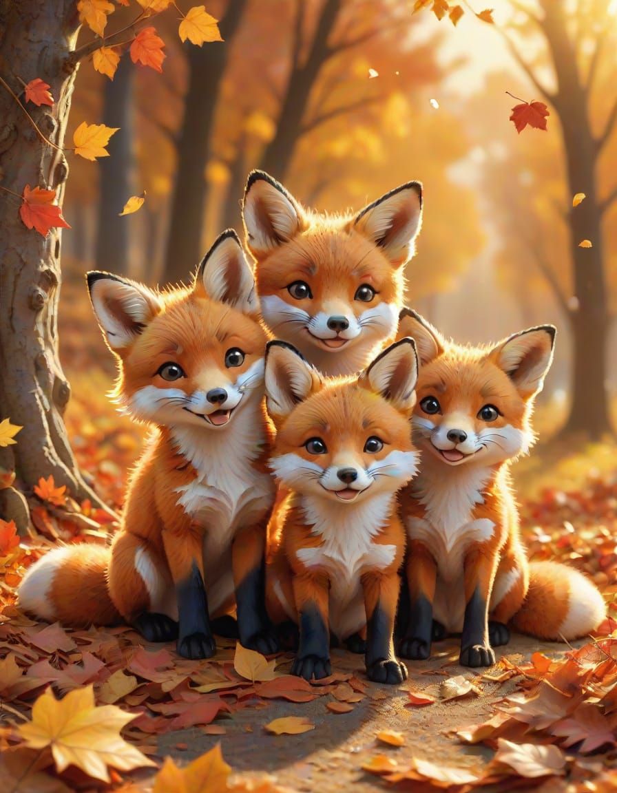 Storybook illustration of Three cute little red fox kits playing mischievously in autumn leaves. Intricately detailed. Whimsical. Vibrant co...