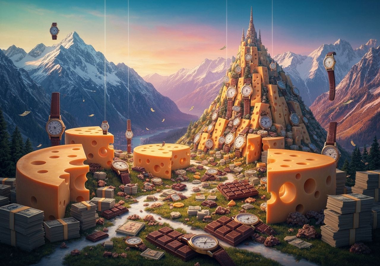 Surreal Swiss Alps Made of Cheese, Watches, and Chocolate