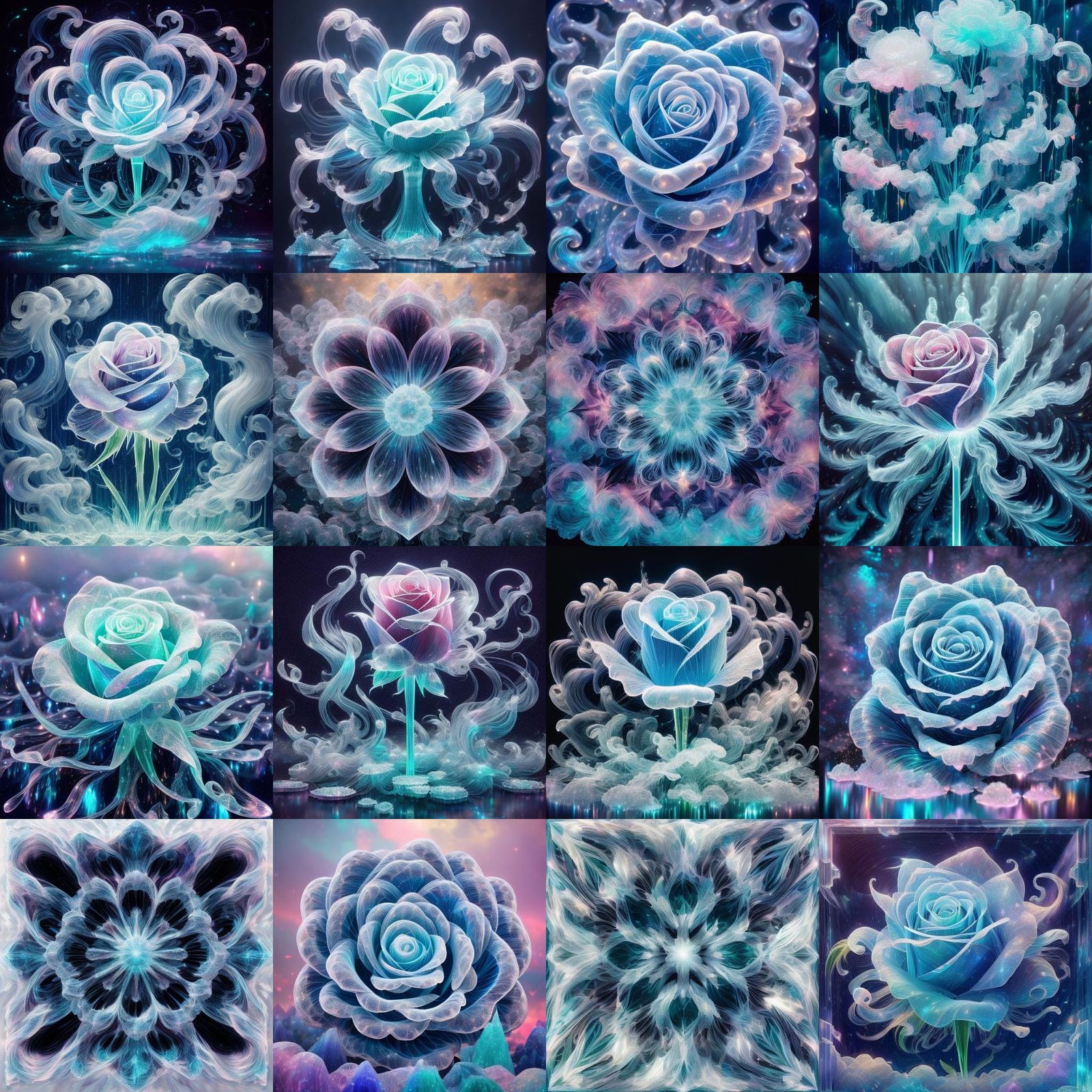 <lora:Bio-lum:1.0> Transparent bioluminescent crystal rose, ...