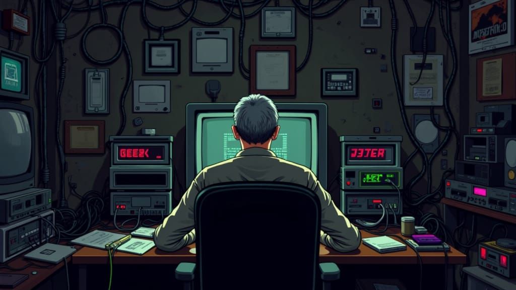<lora:Retro VG Pixel Art:1.0> A 50   year old grey haired man siting at a desk with a vintage computer, CRT monitor, wires, and lights. On t...