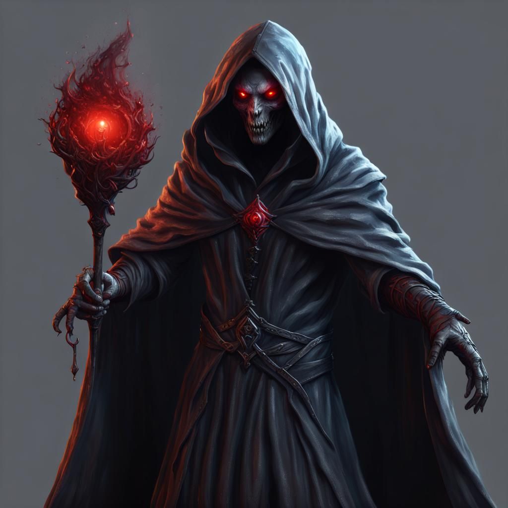 A pale and gaunt male necromancer with red eyes, emerging from the ...