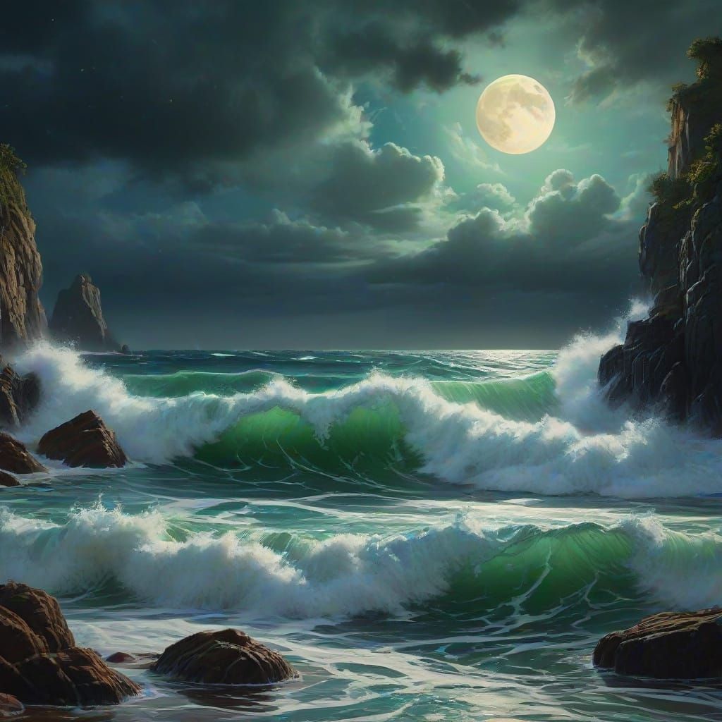 a storm at sea and a hyper-realistic moon in the sky.  the water crashes against the rocky shore