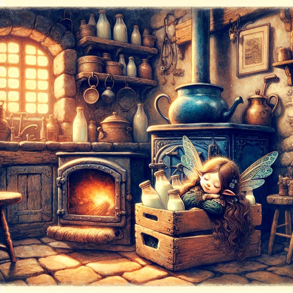 Glossy 4K watercolor oil painting of a long-haired tiny fairy sleeping inside a milk crate with milk ...  by @Spearmint