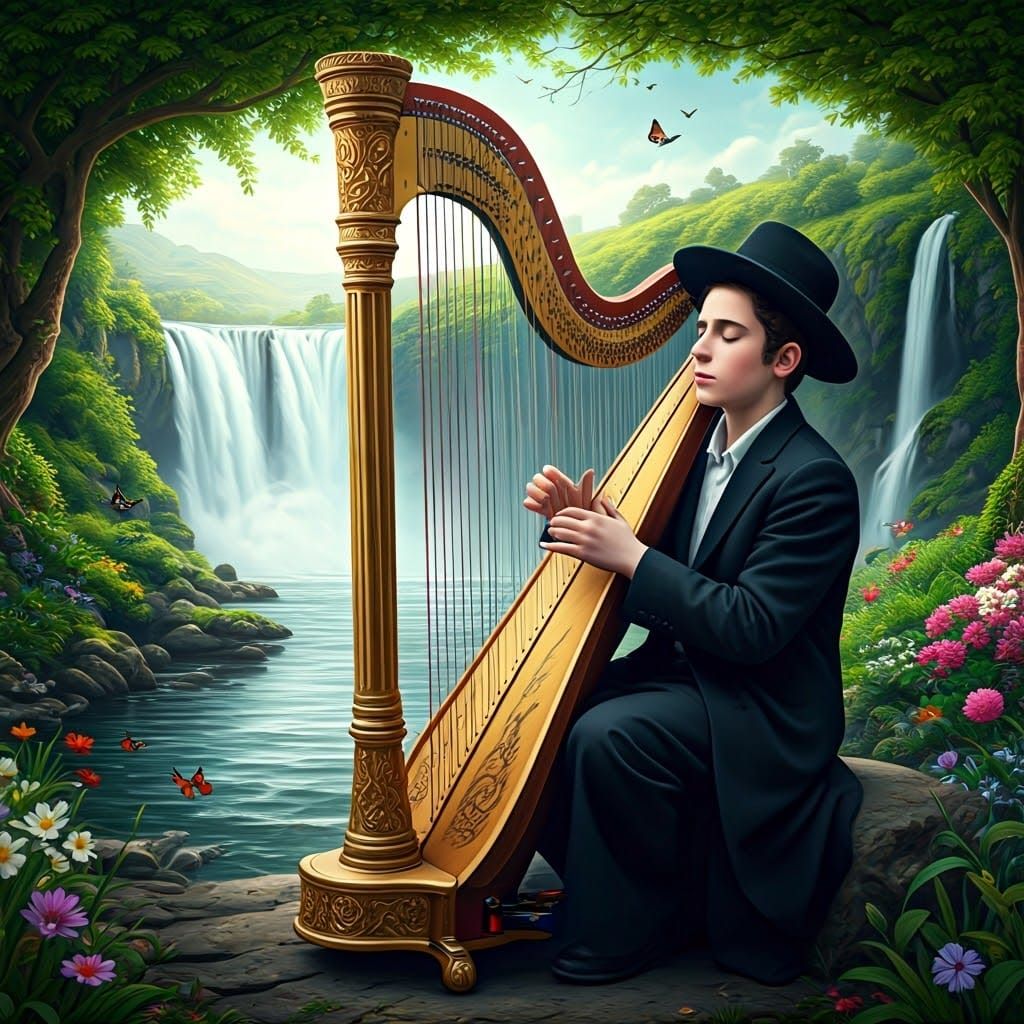 Hasidic Boy Plays Harp in Spring Landscape
