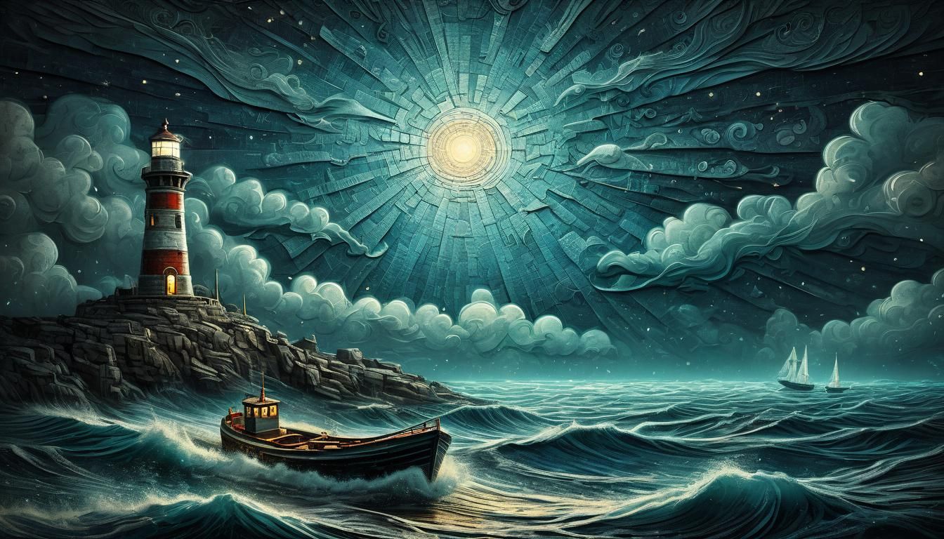 Detailed embossed vintage art of a lighthouse beaming down a light on a small boat at sea, on aged paper, ...  by @Summerchild