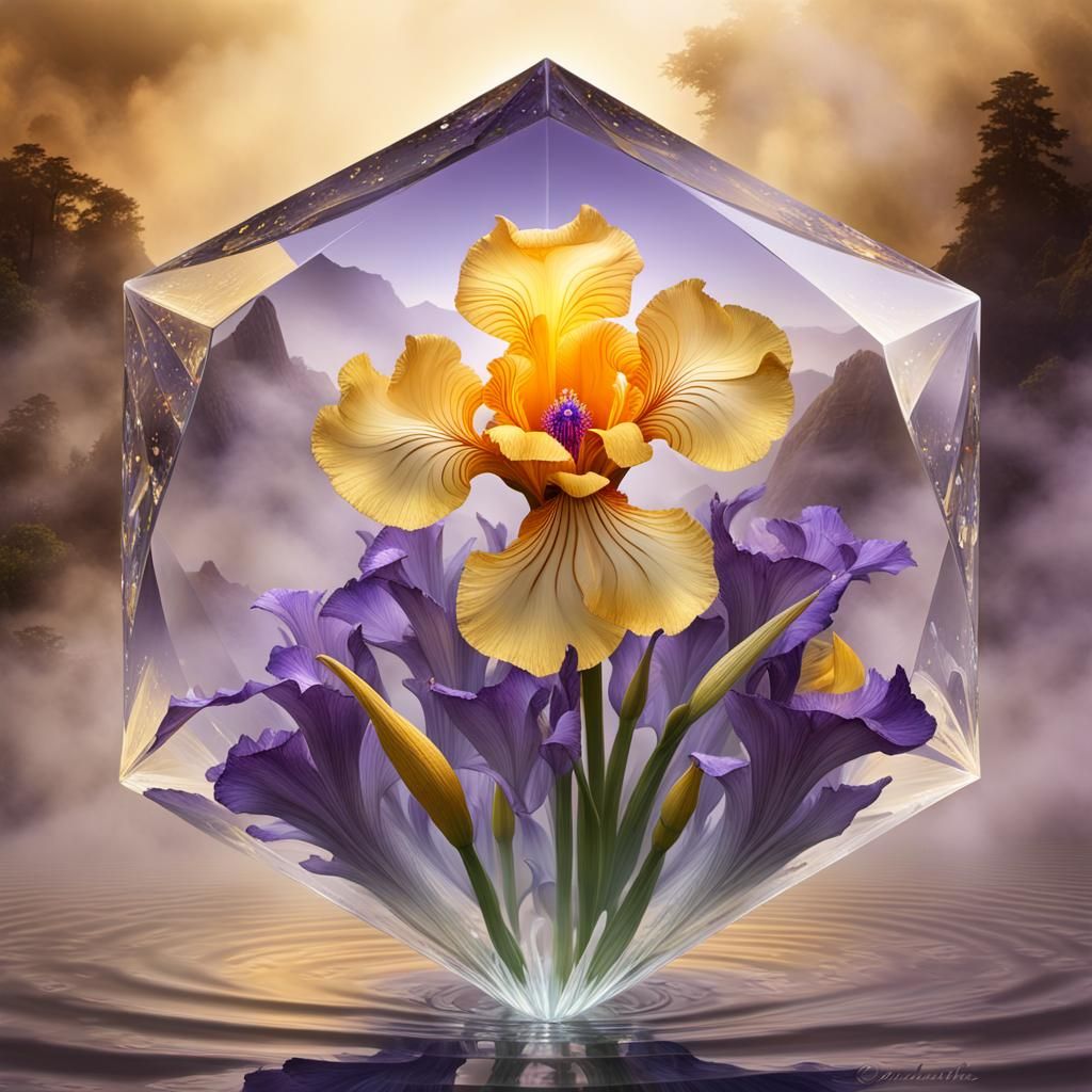  giant transluscent ethereal Violet/yellow iris flower inside crystal   by @Mapont