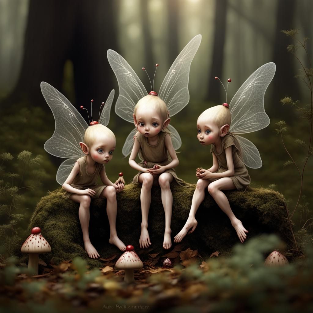 three little jolly fairy fairy with raggedy clothes  dark and mischevious , large transparent wings sitting on toadstool...