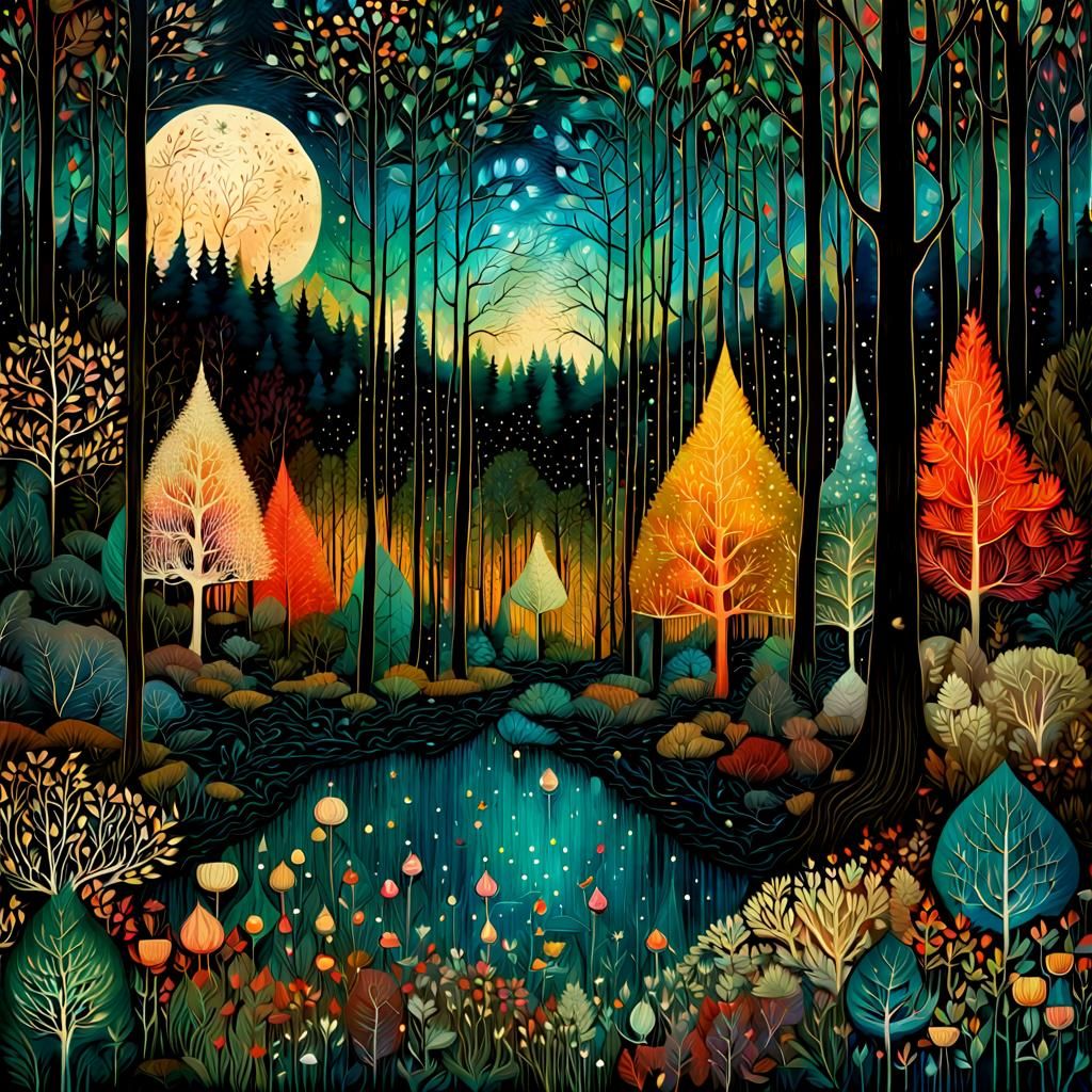 forest at night, by andy kehoe, by victo ngai, by hieronymus...