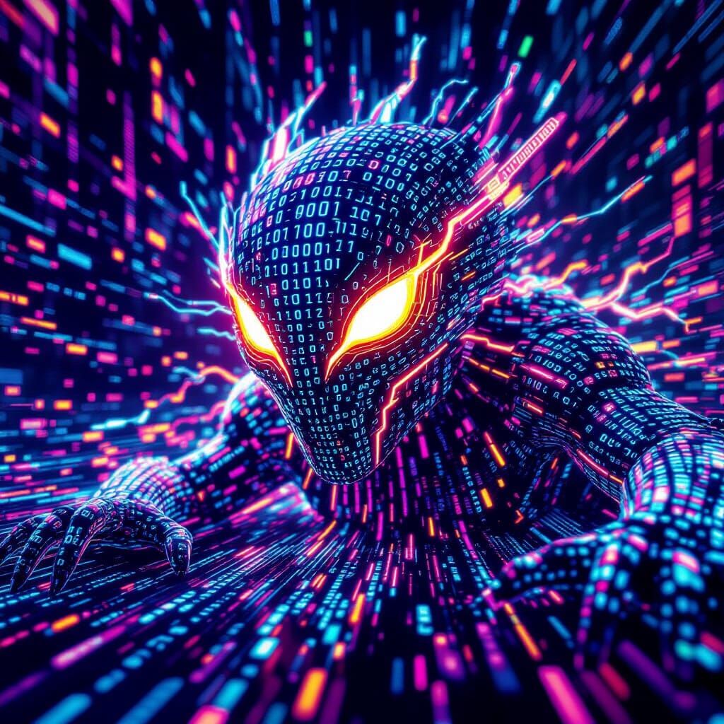Abstract digital art. Close-up. A creature whose form is entirely composed of cascading 0s and 1s, with glowing, fragmented numbers forming ...