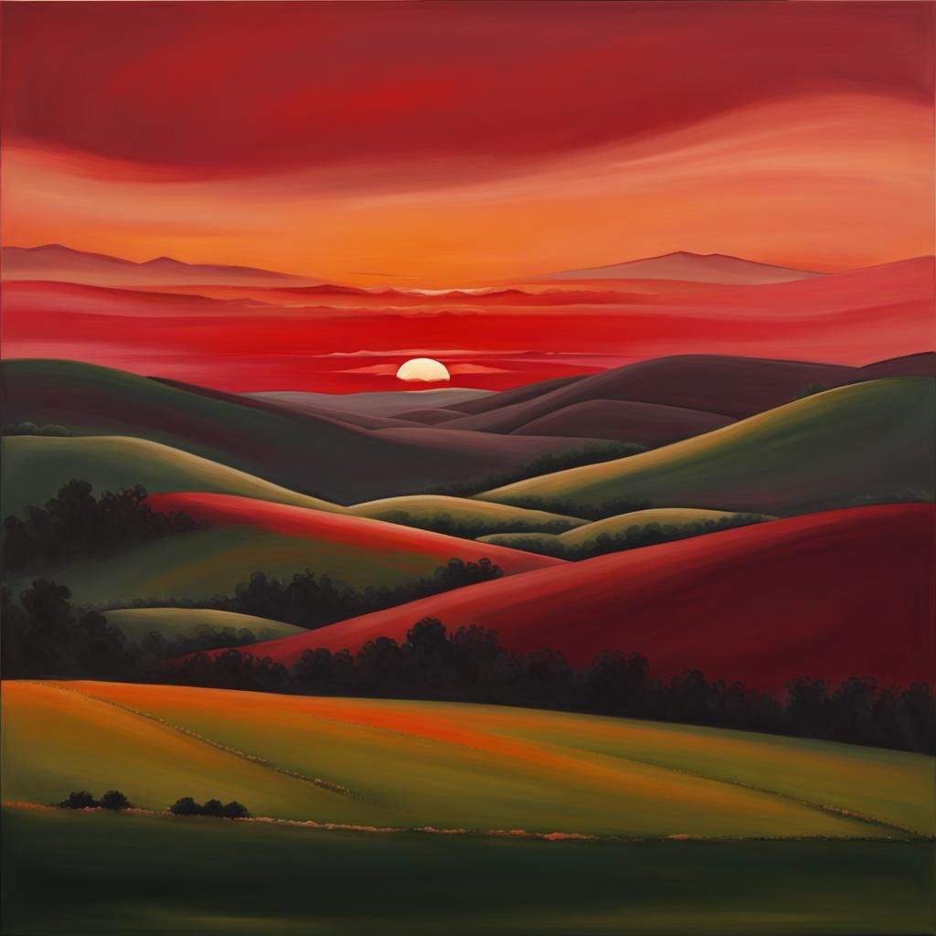 A serene landscape painted entirely in shades of ruby red, c...