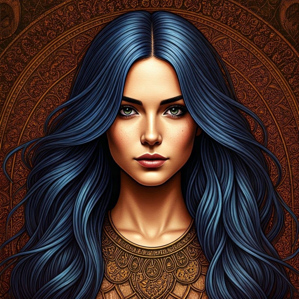 Elegant Woman in Bohemian Style, Rendered in Silver Needle T...