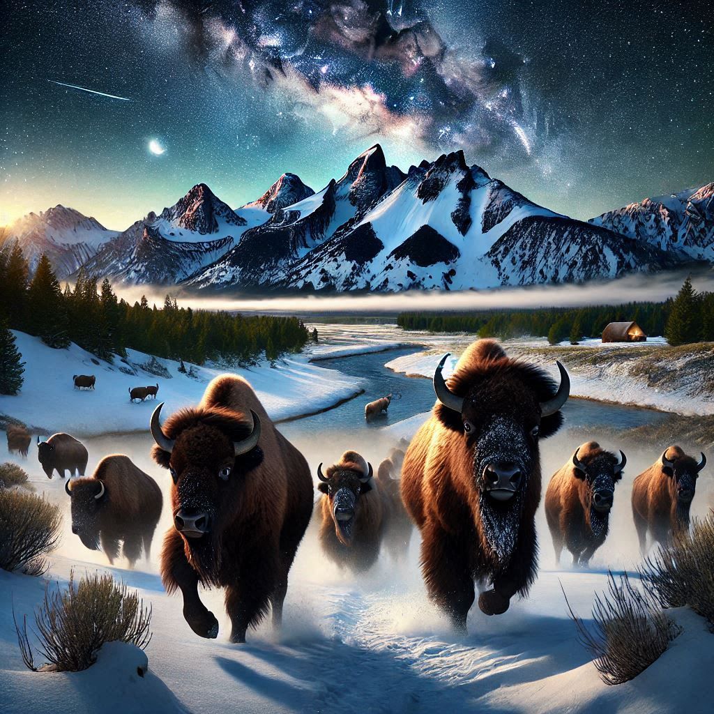 Bison running through the snow Yellowstone !!