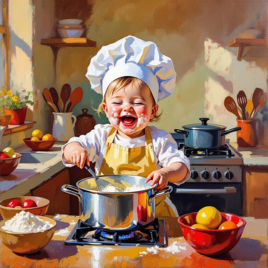 Joyful Baby Chef Cooking in Sunlit Kitchen
